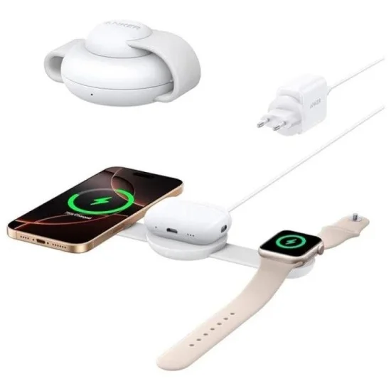Anker MagGo Wireless Charging Station (3-in-1, Foldable Pad) with Adapter and Cable - White